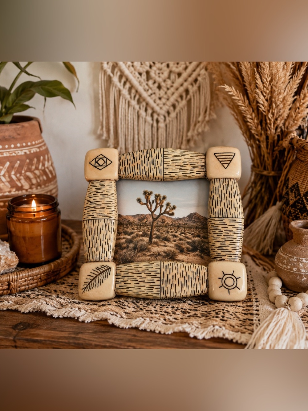 Vintage Terragraphics 1993 Tribal Picture Frame Faux Bone Safari Boho